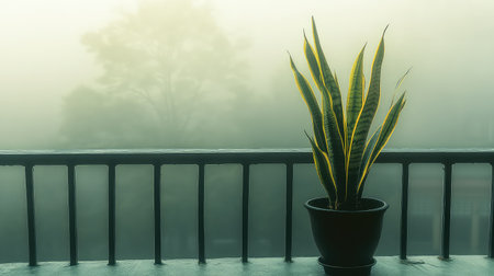 A tranquil indoor plant in a pot sits on a balcony, enveloped in fog and soft light. Ideal for evoking peace, nature, and modern living aesthetics.の素材