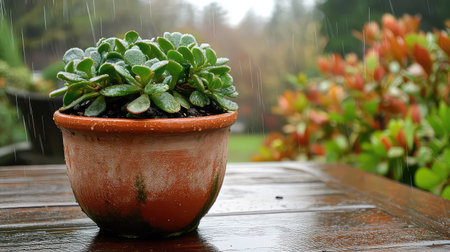 A solitary clay pot holds vibrant green succulents during a gentle rain shower. The setting is tranquil, showcasing the beauty of nature and serene gardening moments.の素材
