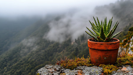 A solitary aloe vera plant in a terracotta pot rests atop a rocky cliff, surrounded by misty mountains and lush vegetation, creating a serene atmosphere.の素材