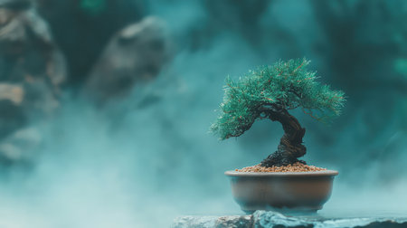 A serene bonsai tree sits gracefully in a misty environment, surrounded by soft fog and gentle lighting, creating a tranquil and peaceful atmosphere.の素材