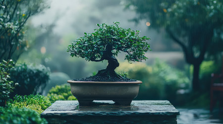 A serene bonsai tree stands elegantly in a clay pot amidst a lush garden. Soft rain creates a calming atmosphere, perfect for meditation and tranquility.の素材