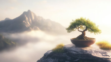 This stunning image features a solitary bonsai tree perched on a rocky outcrop, surrounded by misty mountains at sunrise, creating a tranquil atmosphere.の素材