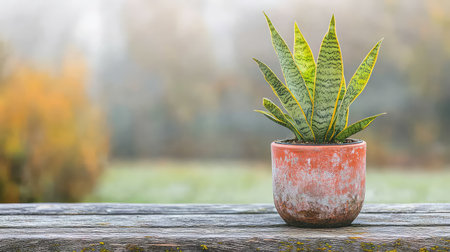 A serene image of a snake plant in a textured pot positioned on a rustic wooden surface. The soft-focus background reveals a tranquil natural setting, enhancing the calming atmosphere.の素材