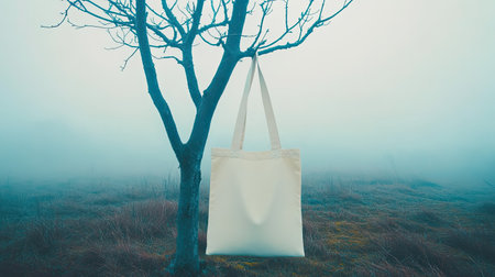 A serene image of an empty cotton tote bag hanging from a tree branch, surrounded by a misty, foggy landscape, evoking a sense of tranquility and solitude.の素材