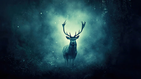 A striking scene featuring a majestic stag standing in a misty forest. The animal, illuminated by a soft glow, creates an enchanting and tranquil atmosphere, perfect for nature lovers and wildlife enthusiasts.の素材