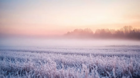 A mesmerizing frosty landscape captures the serene beauty of an early morning. The mist envelops the frost-covered grass, creating a tranquil atmosphere.の素材