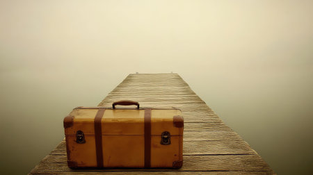 A solitary vintage suitcase sits on a weathered wooden pier, embraced by the calm of foggy waters at dawn, evoking a sense of nostalgia and tranquility.の素材