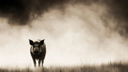 This striking photograph features a solitary pig standing amidst a misty landscape, creating a sense of calm and tranquility. The monochrome tones enhance the mood and highlight the beauty of the moment.の素材