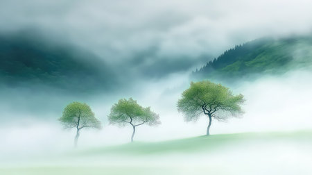 A captivating landscape featuring three trees shrouded in mist, set against lush green hills, creating a tranquil and serene atmosphere for nature lovers.の素材