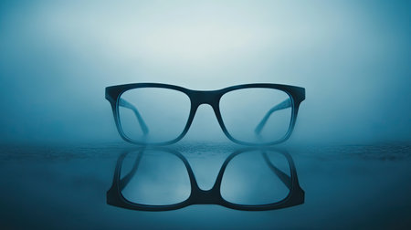 This image features stylish black eyeglasses artistically positioned on a reflective surface with a soothing blue fog background. Ideal for fashion or vision themes.の素材