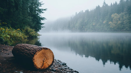 This serene lake scene captures a fallen log resting by the water's edge, surrounded by a misty forest that enhances the tranquil atmosphere.の素材
