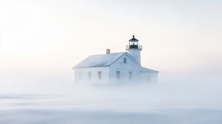This enchanting image captures a winter lighthouse enveloped in fog, surrounded by a snowy landscape that enhances its tranquil beauty.の素材