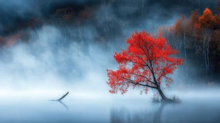 This captivating image features a striking solitary red tree rising gracefully from a misty lake, surrounded by fog and vibrant autumn shades, capturing nature's serenity.の素材