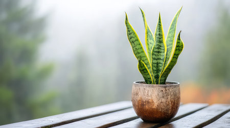 A beautiful snake plant gracefully sits in a rustic pot, showcasing its vibrant green leaves. Captured in soft focus surrounded by peaceful foliage, this image evokes tranquility and freshness, perfect for nature lovers and home decor enthusiasts.の素材
