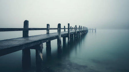 A tranquil scene featuring a wooden pier extending into a misty water landscape, creating a peaceful atmosphere perfect for reflection and solitude.の素材