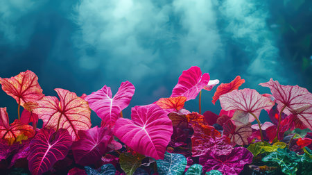 Discover the captivating beauty of vibrant pink and green caladium leaves, set against a soft blue background, creating an ethereal and tranquil scene.の素材