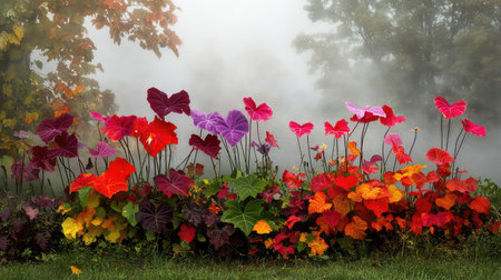 This stunning image showcases a vibrant collection of colorful leaves in a foggy garden setting, highlighting nature's magnificent beauty and tranquility.の素材