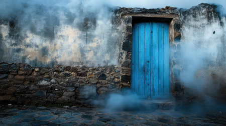 A striking blue wooden door stands alone against a weathered stone wall, surrounded by mist, creating a captivating and mysterious outdoor atmosphere.の素材