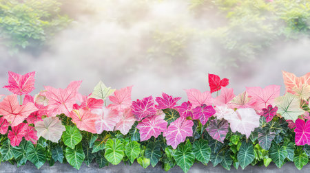 A captivating display of colorful leaves in shades of pink and green emerging from a soft misty background, evoking tranquility and natural beauty.の素材