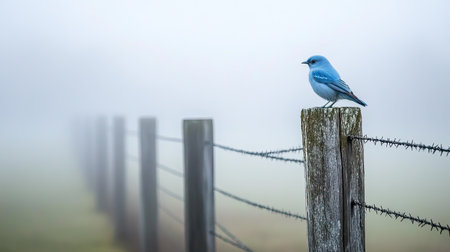 A vibrant blue bird stands atop a rustic fence post amid a soft foggy backdrop. This serene scene evokes a sense of tranquility and connection to nature.の素材