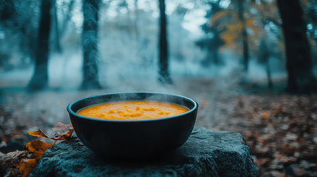 A steaming bowl of warm orange soup sits on a stone in an autumn forest. The tranquil setting is enhanced by mist and fallen leaves, evoking comfort and peace.の素材