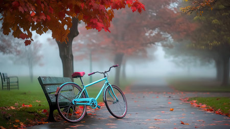 A serene autumn scene captures a blue bicycle resting by an empty park bench, surrounded by vibrant red foliage and enveloped in a gentle morning fog.の素材