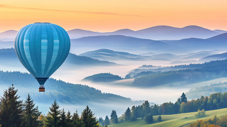 A stunning hot air balloon gently floats above lush green mountains, capturing the tranquility of a misty morning sunrise with vibrant colors in the sky.の素材