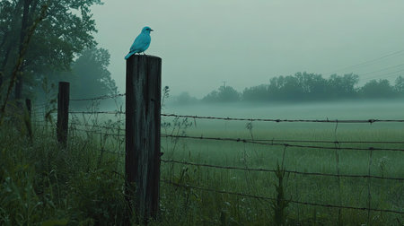A serene scene of a blue bird perched on a weathered wooden post overlooking a misty green field. The fog envelops the landscape, enhancing tranquility.の素材