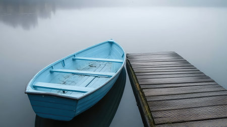 A serene blue boat rests gently on a wooden dock, enveloped by misty water during dawn. This tranquil scene captures the essence of calmness and beauty in nature.の素材