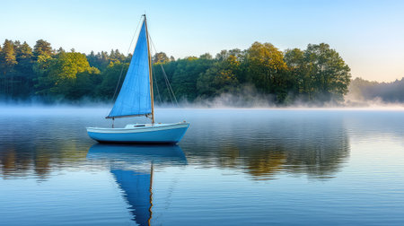 A tranquil scene of a sailboat floating on a calm lake at dawn, surrounded by misty trees. The reflection on the water creates a serene atmosphere.の素材