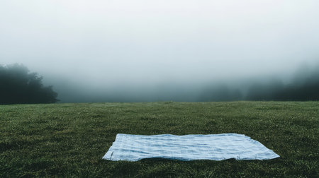 A blue blanket lies alone on a fog-covered green field, surrounded by trees fading into the mist, evoking a sense of serene isolation and calm.の素材