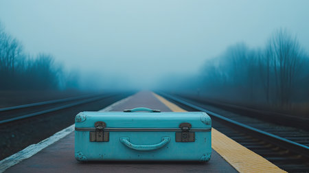 A vintage suitcase rests on an empty train station platform, enveloped in fog, evoking feelings of nostalgia and adventure among abandoned train tracks.の素材