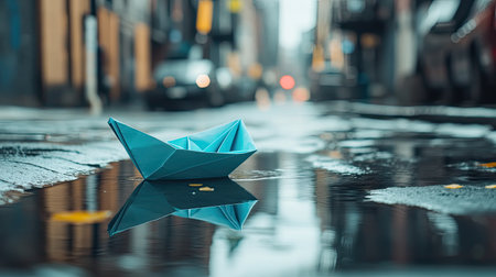A vibrant blue paper boat rests in a puddle on a slick street after a rain shower, showcasing reflections and an urban backdrop filled with soft light.の素材