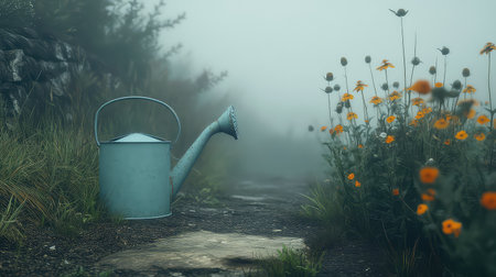 A serene garden scene featuring a vintage watering can surrounded by vibrant orange flowers in a misty landscape, creating a peaceful atmosphere.の素材