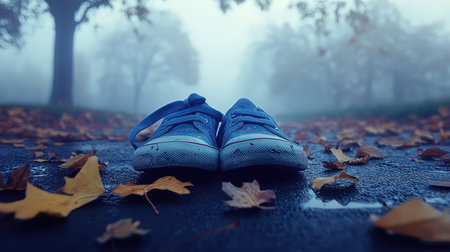 A pair of blue sneakers rests on a wet pathway covered with autumn leaves, set against a misty park backdrop. The tranquil scene evokes feelings of youth and adventure.の素材