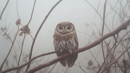 A captivating owl sits quietly on a branch, surrounded by a dreamy mist that creates a tranquil and ethereal atmosphere in this serene woodland scene.の素材