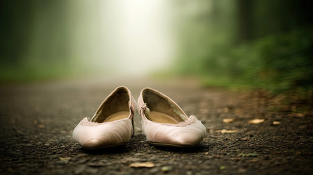 A pair of elegant pink ballet flats positioned gracefully on a serene misty path, evoking feelings of tranquility and beauty in a lush forest setting.の素材