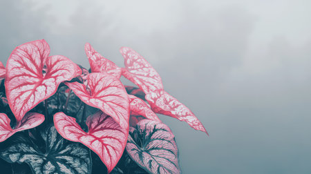 Discover the beauty of caladium leaves showcasing vibrant pink veins against a soft grey background, creating a serene and elegant atmosphere.の素材