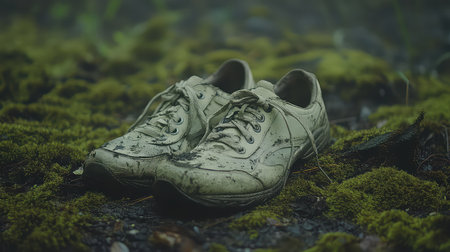 A pair of worn-out sneakers rests on a lush mossy forest floor, showcasing the beauty of nature and the passage of time through decay.の素材