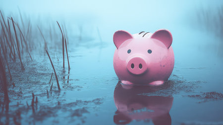 A whimsical pink piggy bank stands alone in serene water, surrounded by fog and tall grass, invoking a sense of mystery and curiosity about finance and saving.の素材