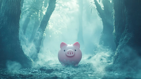 A captivating scene showcases a pink piggy bank at the center of an enchanted forest. Surrounded by tall, misty trees and magical fog, this image evokes a sense of wonder and imagination, perfect for themes of finance and childhood dreams.の素材
