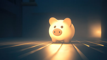 A charming piggy bank softly illuminated by a dim light creates a warm and inviting atmosphere, symbolizing savings and financial planning.の素材