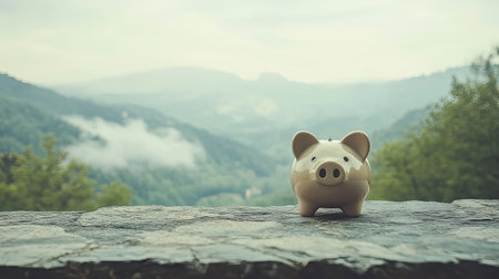 A charming piggy bank sits atop a stone surface, framed by a breathtaking mountain landscape filled with soft clouds and lush greenery. This image represents saving and financial growth in a serene outdoor setting.の素材