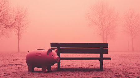 A soft, foggy morning scene displays a pink piggy bank next to an empty bench in a serene park, evoking feelings of tranquility and simplicity.の素材