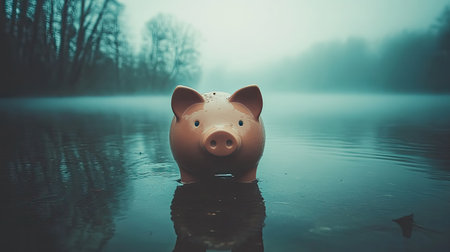 A serene scene featuring a piggy bank standing in still water amidst a misty forest, symbolizing dreams and financial aspirations in a peaceful environment.の素材