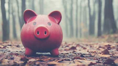 A charming red piggy bank sits on a carpet of autumn leaves in a foggy forest, creating a whimsical atmosphere ideal for finance and saving themes.の素材