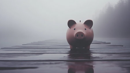 A charming pink piggy bank sits alone on a wooden pier, surrounded by a serene misty forest. This image symbolizes savings and financial planning in a tranquil setting.の素材