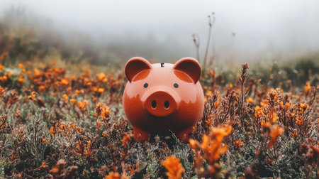 A bright orange piggy bank sits among vibrant wildflowers in a misty field, symbolizing the importance of savings and financial growth in life.の素材