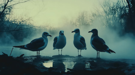 A group of seagulls stands near calm water shrouded in mist at dawn. The soft light creates a serene atmosphere, emphasizing nature's beauty.の素材