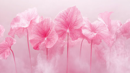 This image showcases delicate pink leaves emerging from a misty background, creating a serene and elegant atmosphere. Perfect for nature-inspired themes.の素材